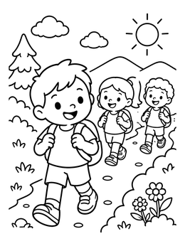 Free printable Happy Kids Hiking Outdoors coloring page