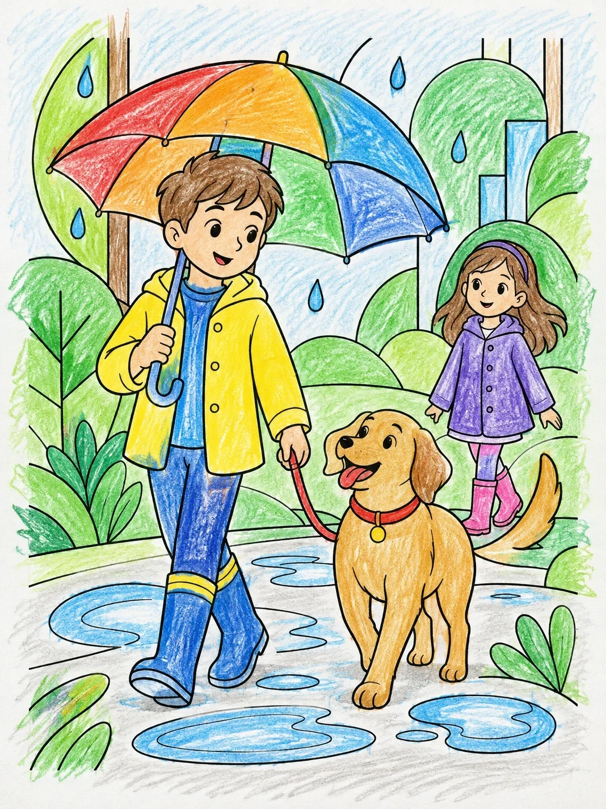 Colored example of the Walking The Dog In Rainy Weather coloring page