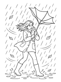 A girl holding an inside-out umbrella in heavy rain on this storm coloring page.