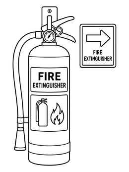 A detailed fire extinguisher coloring page showing a wall-mounted canister beside a directional sign.