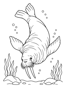 A graceful walrus coloring page featuring the animal diving underwater near sea plants.