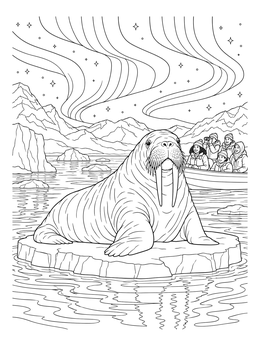 A walrus rests on an ice floe before tourists in this northern lights coloring page.