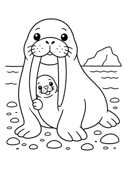 A sweet walrus coloring page featuring a parent walrus and its baby pup sitting on an arctic beach.
