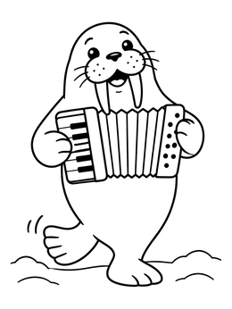A happy walrus coloring page featuring a cute walrus playing the accordion and dancing in the snow.