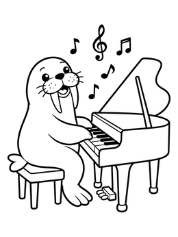 A happy walrus playing a grand piano in this walrus coloring page with musical notes in the air.