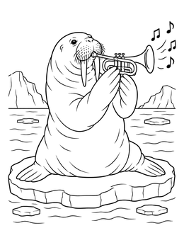 A musical walrus coloring page featuring a tusked walrus playing a trumpet on a floating ice floe.