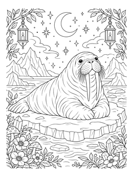 A serene walrus coloring page featuring an ice floe under lanterns, crystals, and starry skies.