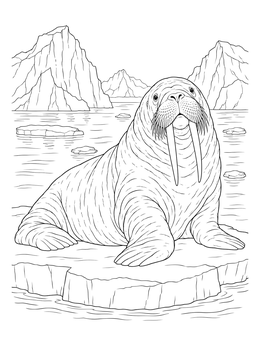 A realistic walrus coloring page resting on an arctic ice floe with icebergs in the background.