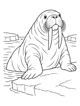 A walrus coloring page featuring a tusked marine mammal resting on a block of Arctic ice.