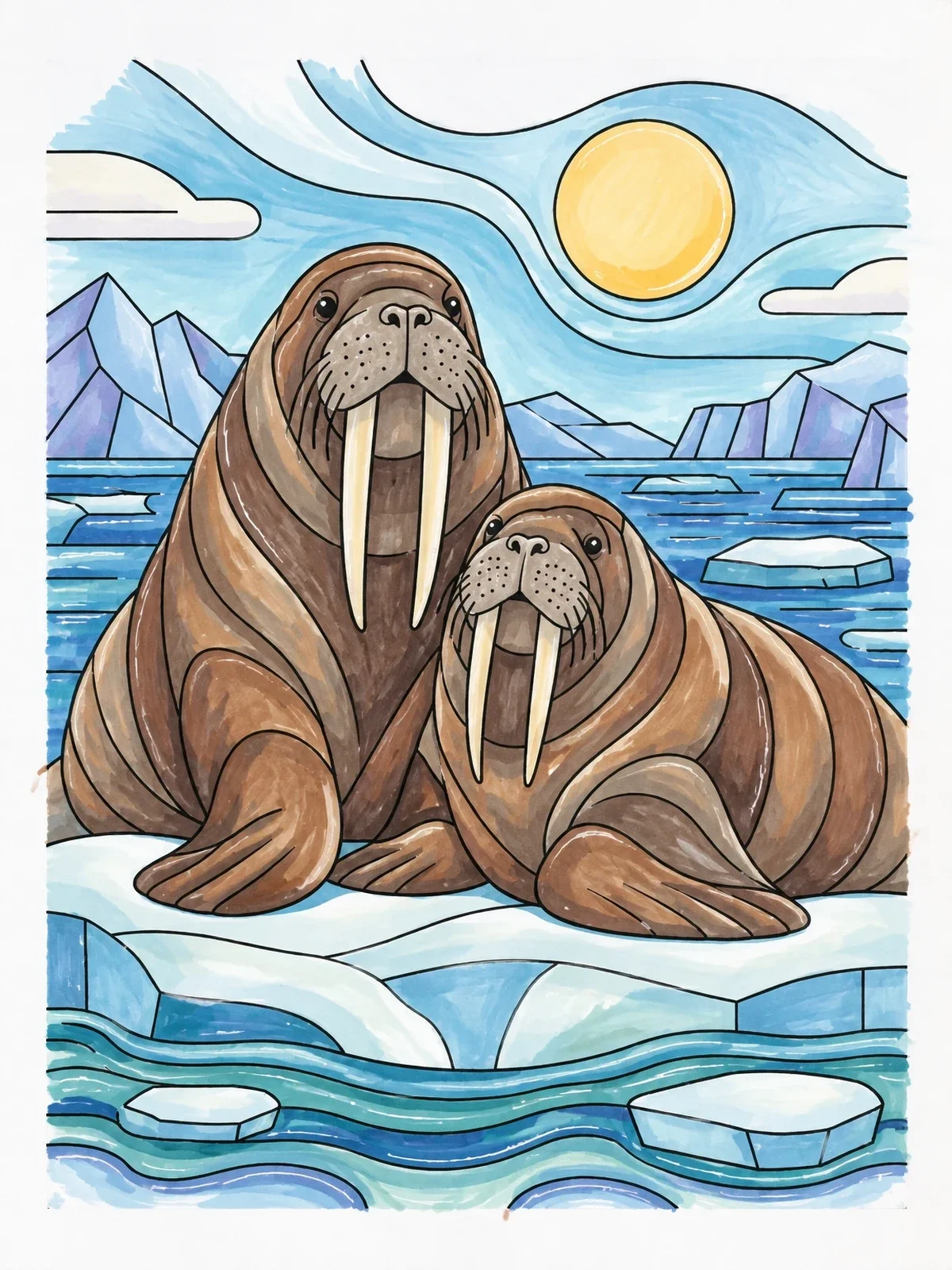 Colored example of the Pair Of Walruses On Arctic Ice coloring page