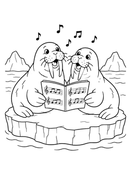 Two happy walruses sing from a music book on this walrus coloring page.