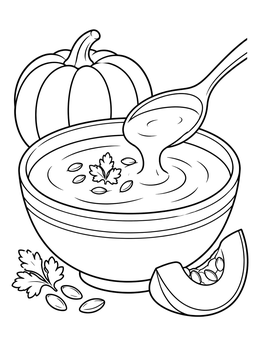 A pumpkin soup coloring page showing a bowl of creamy soup, a spoon, and fresh pumpkins.