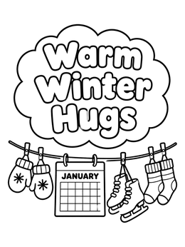 A january coloring page showing winter mittens, a calendar, ice skates, and socks on a clothesline.
