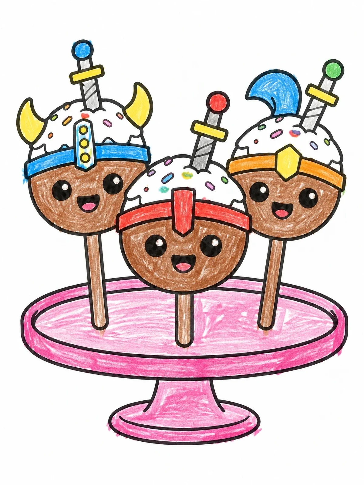 Colored example of the Warrior Cake Pops On Stand coloring page
