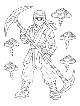 A powerful warrior stands ready in this ninja coloring page with a double scythe and brick storm clouds.