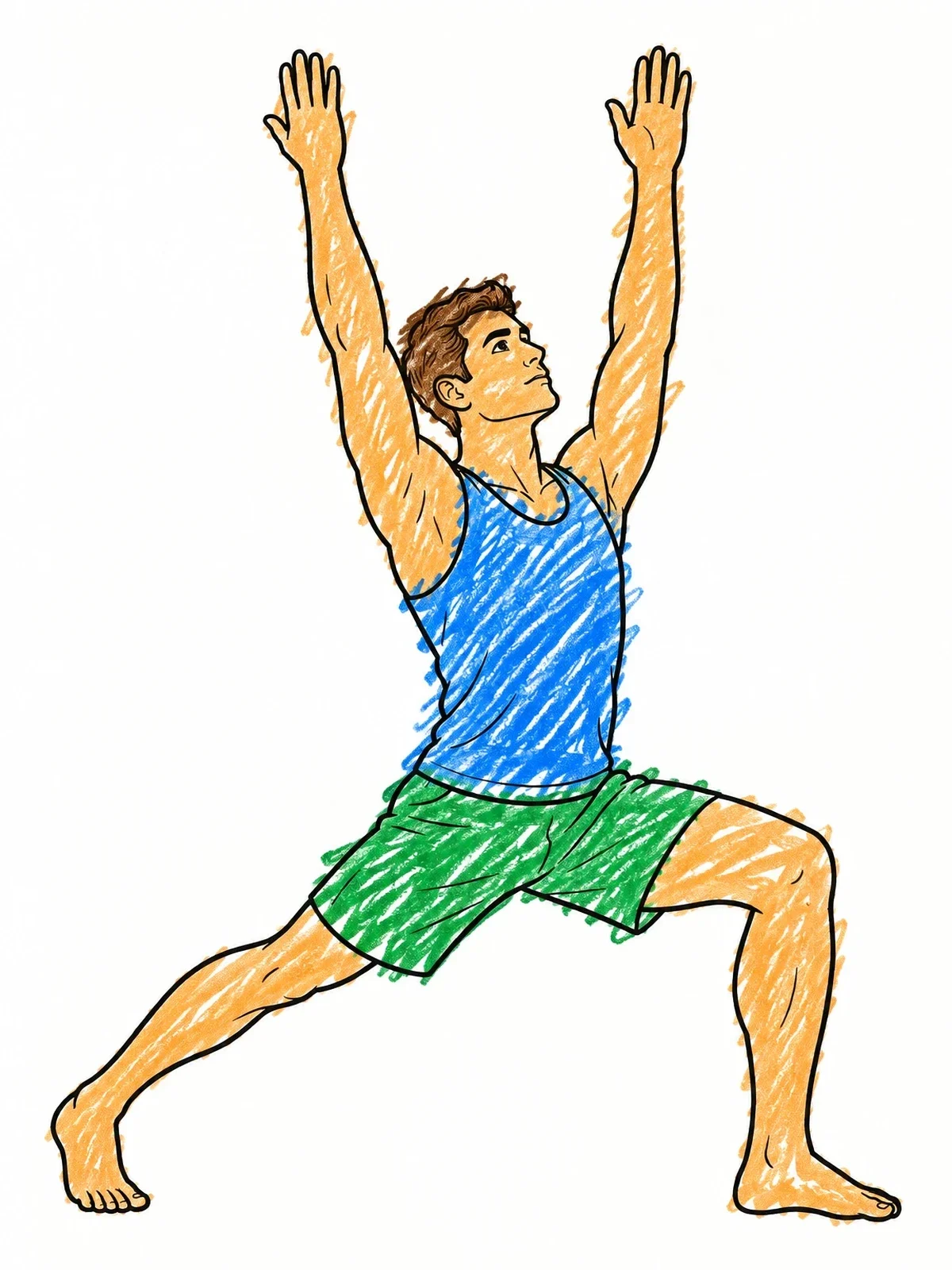 Colored example of the Warrior One Yoga Pose coloring page