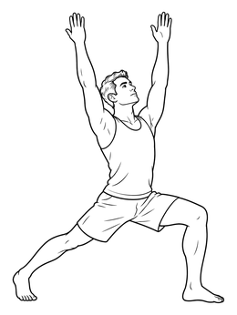 A young man stretches upwards in this yoga coloring page showing the warrior pose.