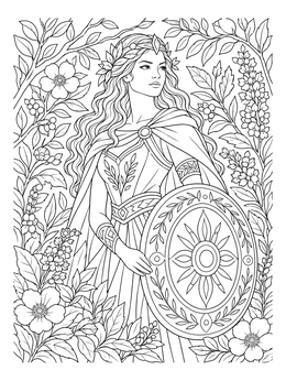 A detailed princess coloring page showing a noble warrior princess holding a sun emblem shield amid flowers.