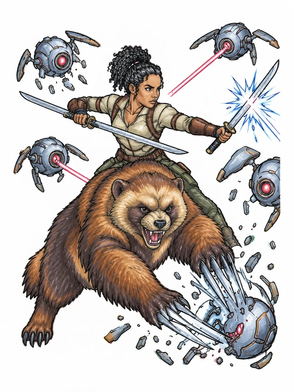 Colored example of the Warrior Riding Giant Wolverine Against Flying Drones coloring page