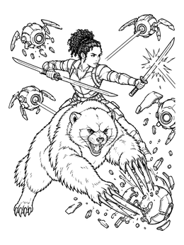 A swordsowman riding a fierce beast in this wolverine coloring page fighting flying robotic drones.