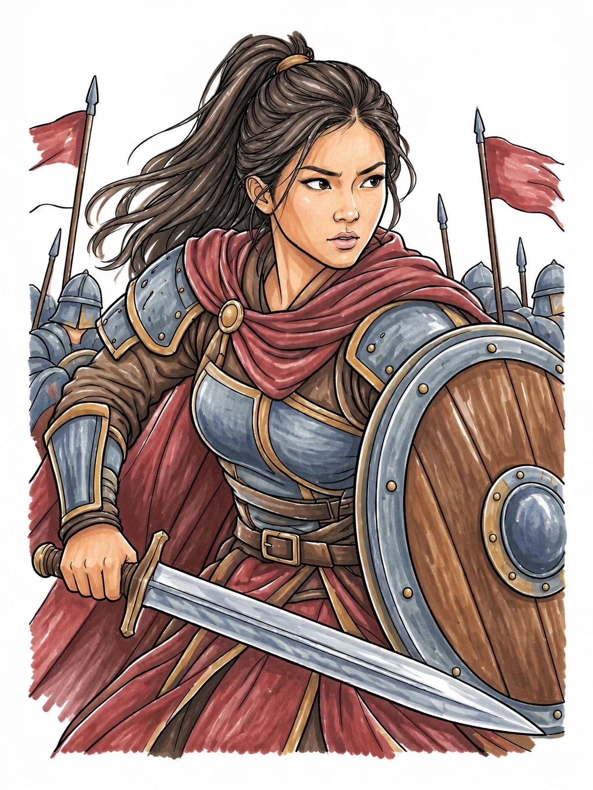 Colored example of the Brave Warrior Woman In Battle coloring page