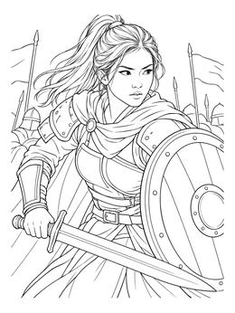 An armored warrior woman coloring page holding a sword and shield before an army.