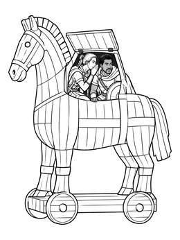 Two Greek warriors peer from a hatch on this detailed trojan horse coloring page.