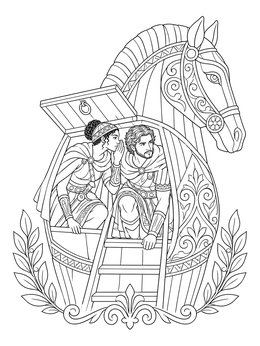 Ancient Greek warriors hiding inside an ornate wooden trojan horse coloring page.