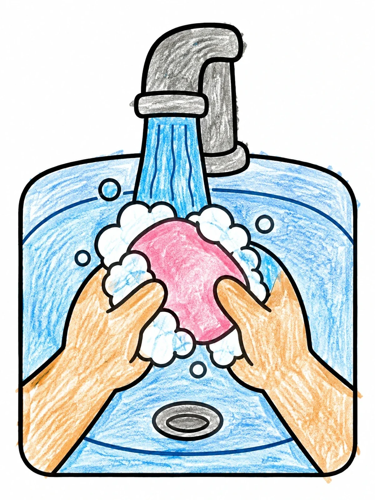 Colored example of the Washing Hands With Foamy Soap coloring page
