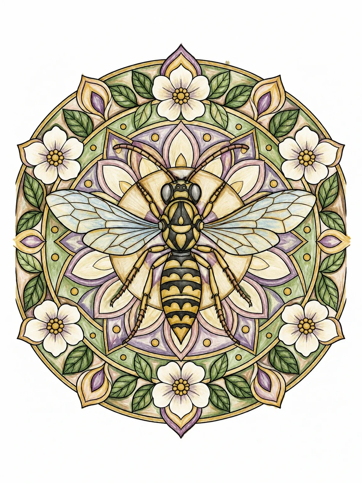 Colored example of the Intricate Wasp And Floral Mandala coloring page