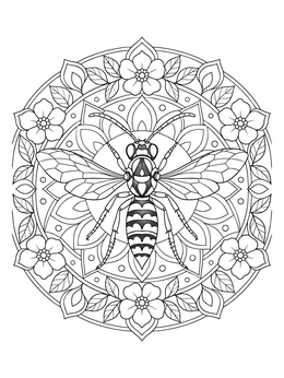 A detailed wasp coloring page centered inside an ornamental floral mandala design.