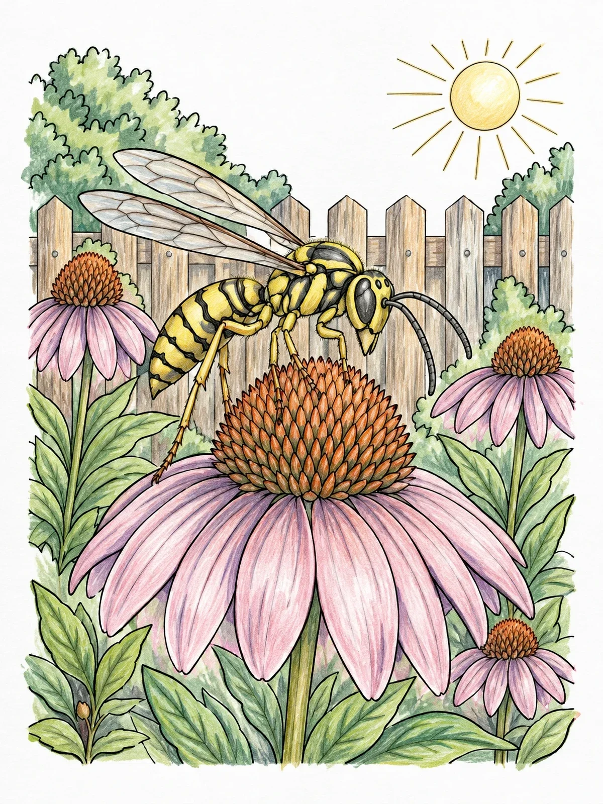 Colored example of the Wasp On Garden Coneflower coloring page
