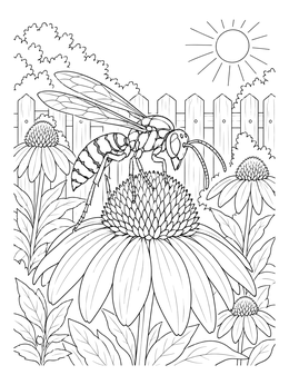 A detailed wasp coloring page showing an insect on a coneflower by a fence.