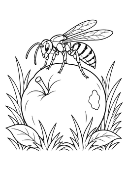 A detailed wasp coloring page showing the insect resting atop a ripe apple in the grass.