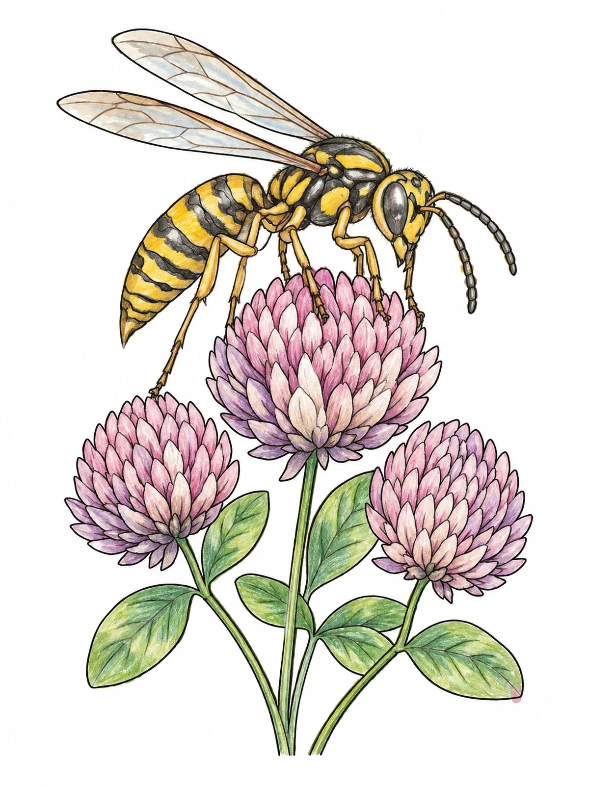 Colored example of the Wasp Perched On Clover Flowers coloring page