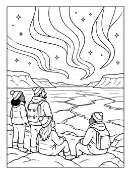 Free printable Watching Northern Lights Over Frozen Lake coloring page