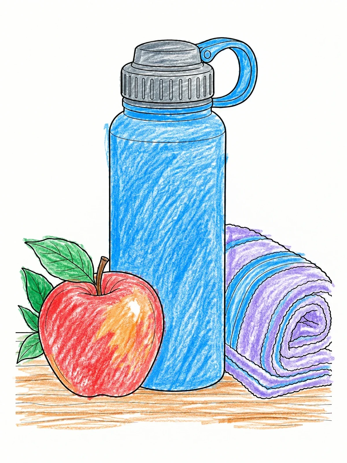 Colored example of the Water Bottle With Apple And Towel coloring page