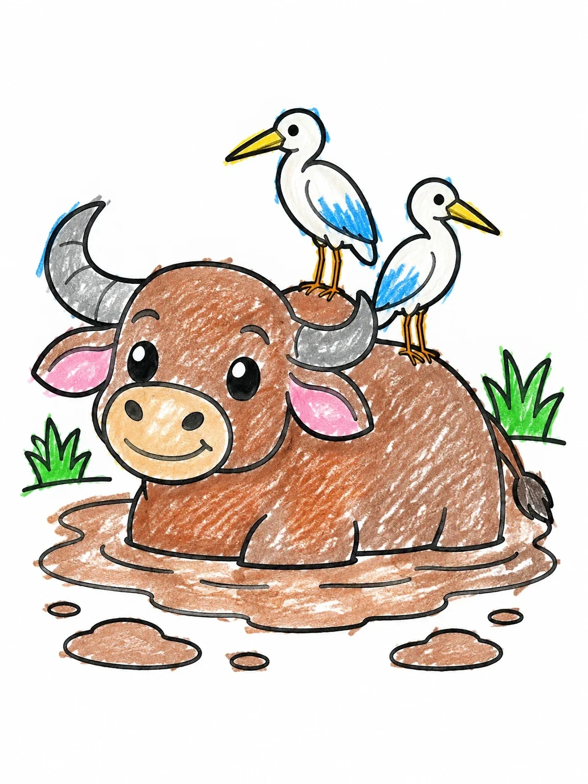 Colored example of the Water Buffalo And Egrets In River coloring page
