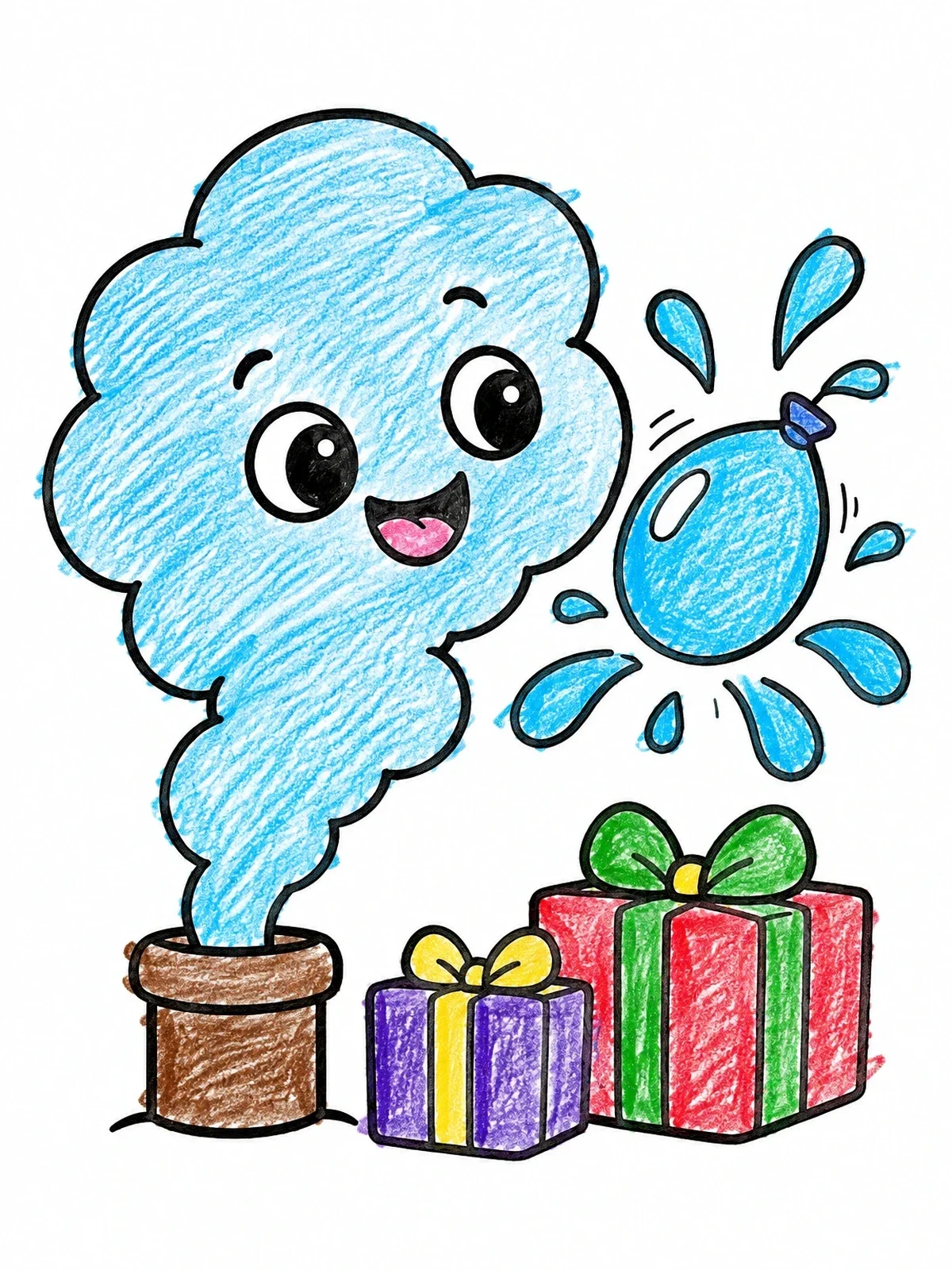 Colored example of the Cheerful Steam Cloud And Splashing Balloon coloring page