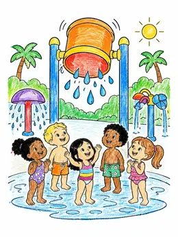 Splash Color Print Children At The Splash Park Bucket – Water Coloring Page