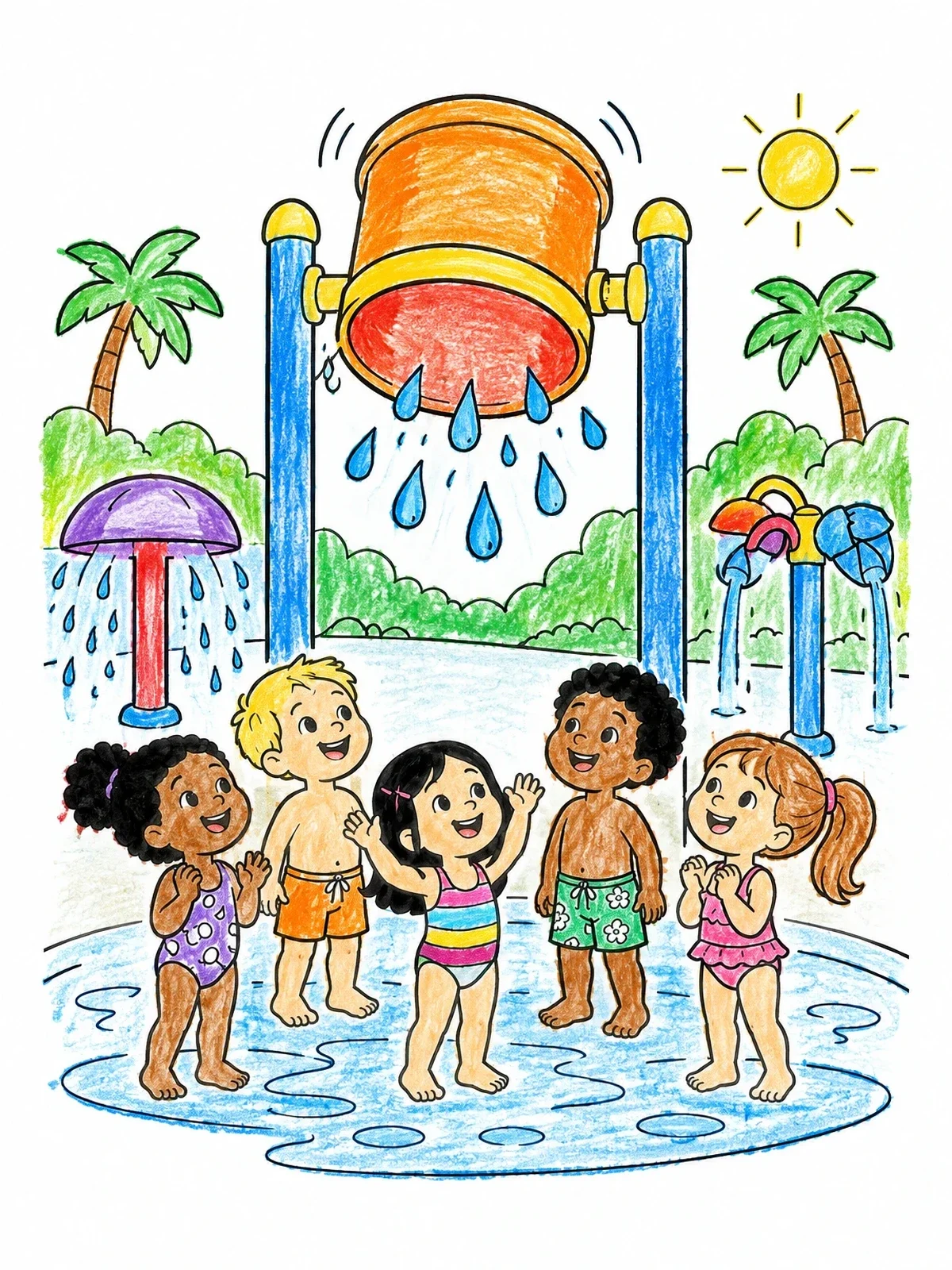 Colored example of the Children At The Splash Park Bucket coloring page