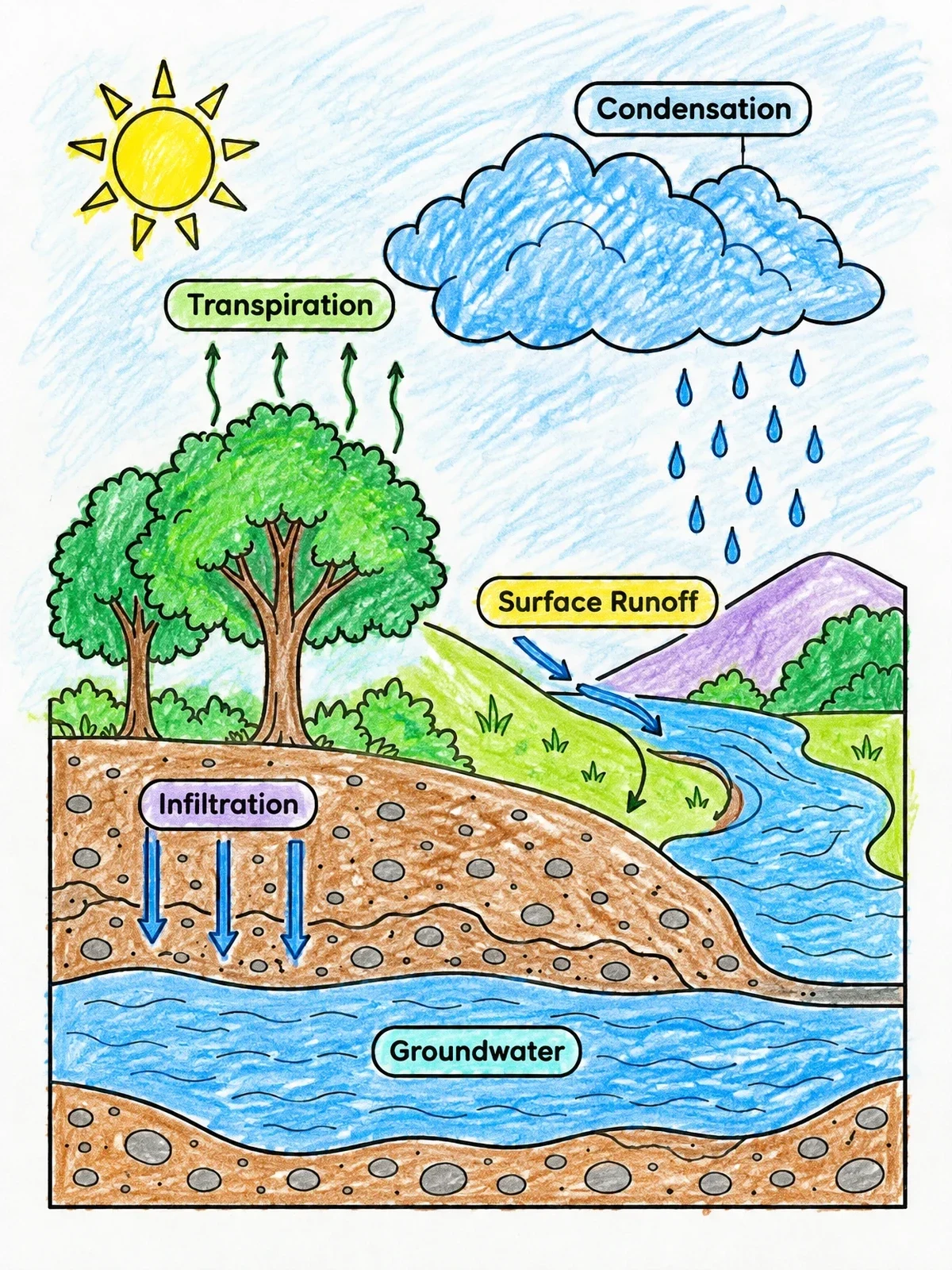 Colored example of the Water Cycle Cross Section Diagram coloring page