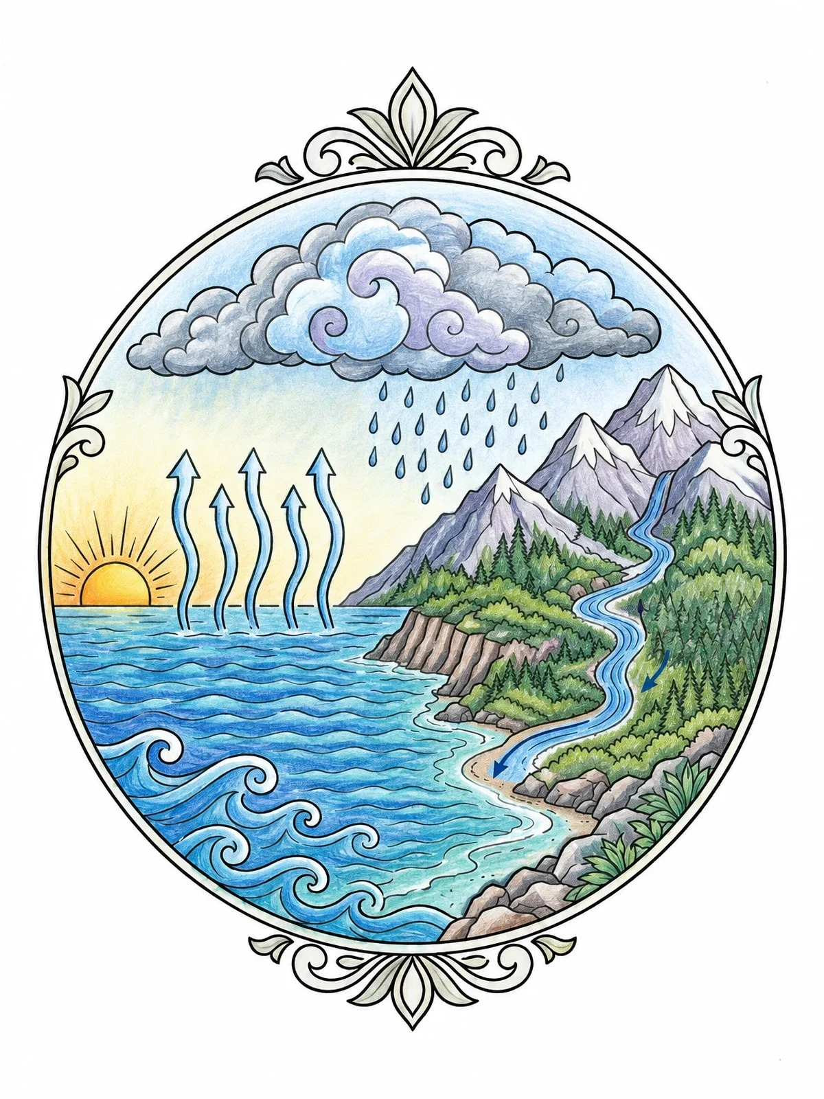 Colored example of the Water Cycle Landscape Diagram coloring page