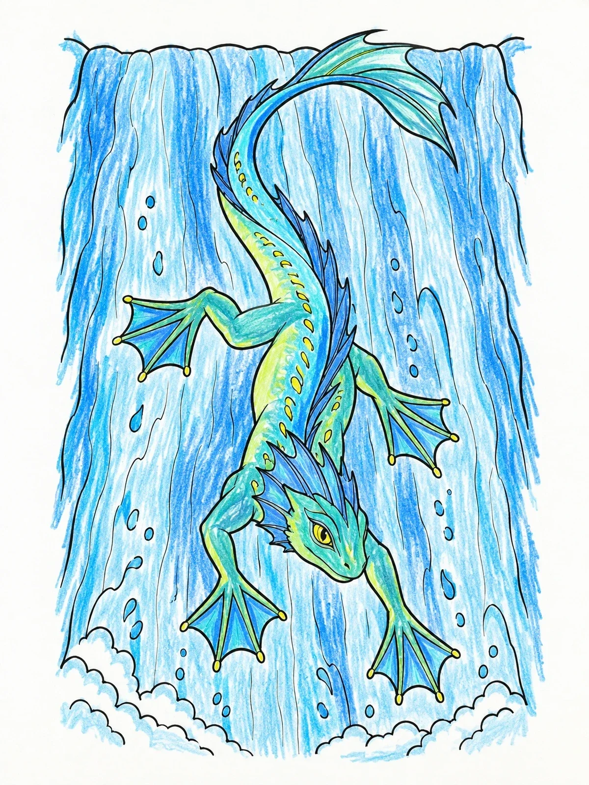 Colored example of the Water Dragon Sliding Down Wave coloring page