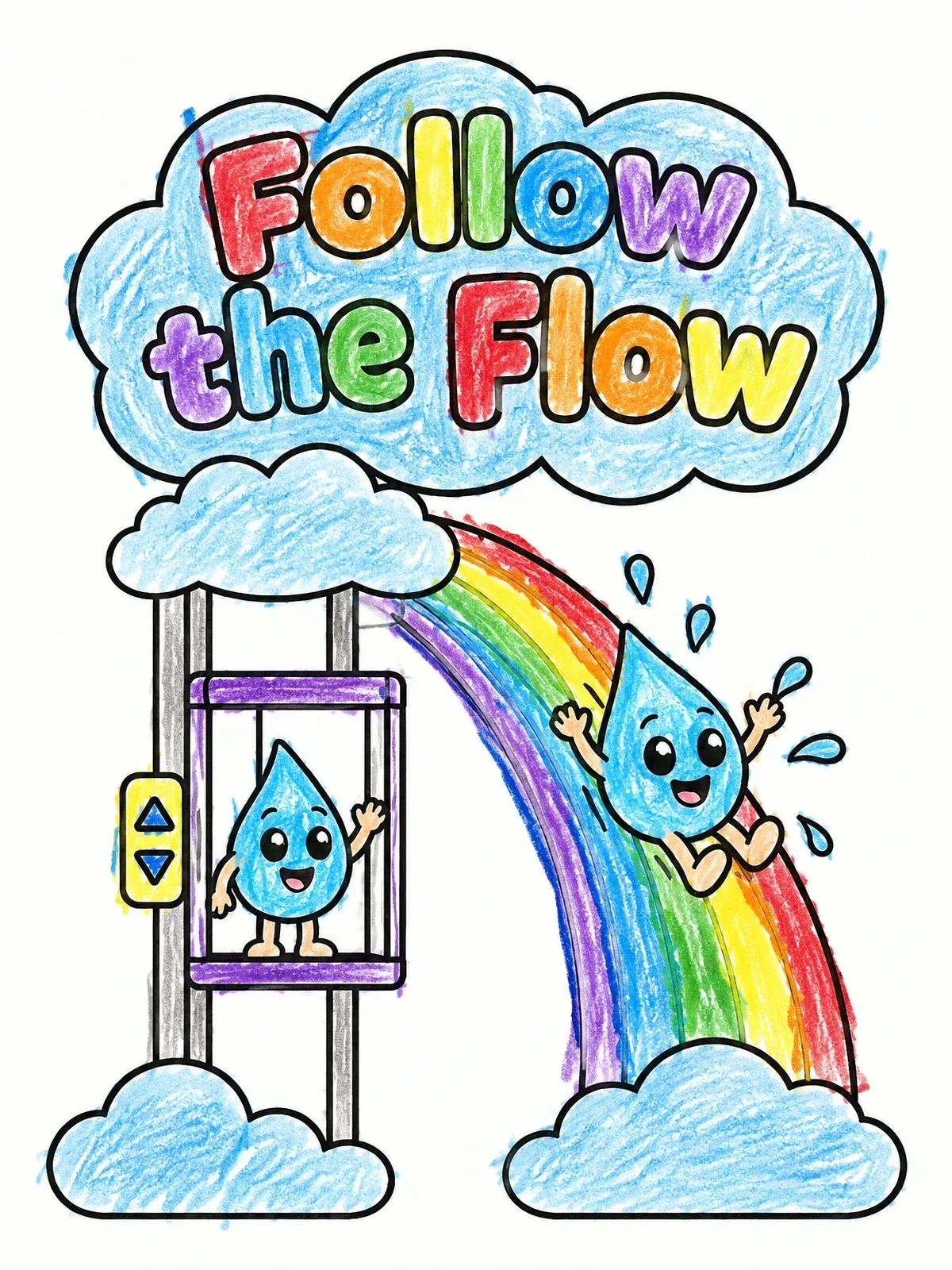 Colored example of the Water Droplets Elevator And Rainbow Slide coloring page