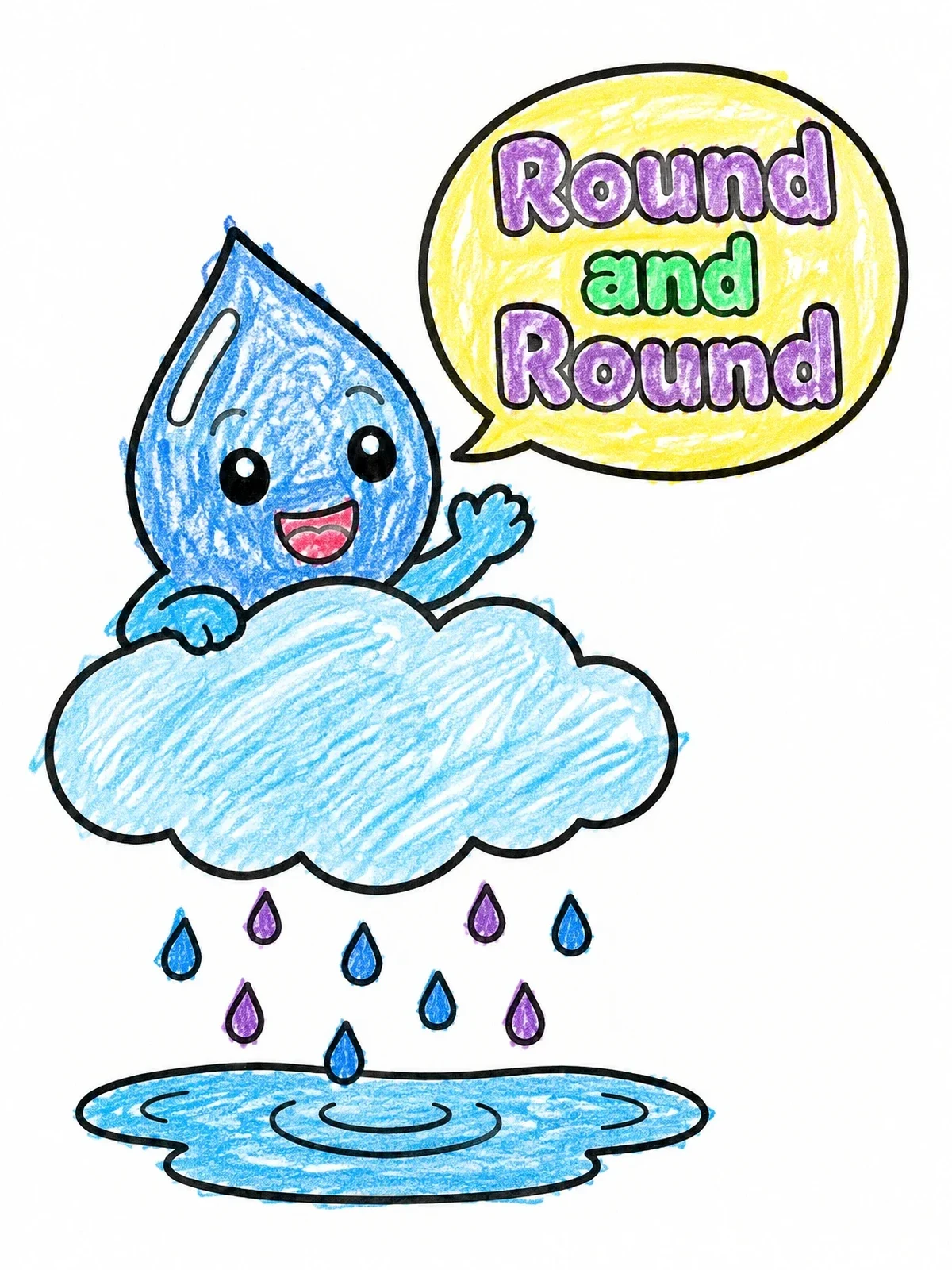 Colored example of the Happy Water Droplet On A Cloud coloring page