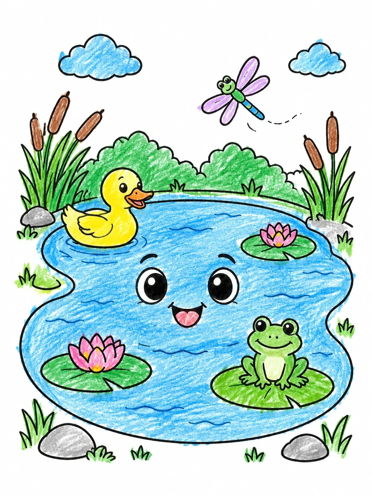 Colored example of the Happy Pond Friends With Duck And Frog coloring page