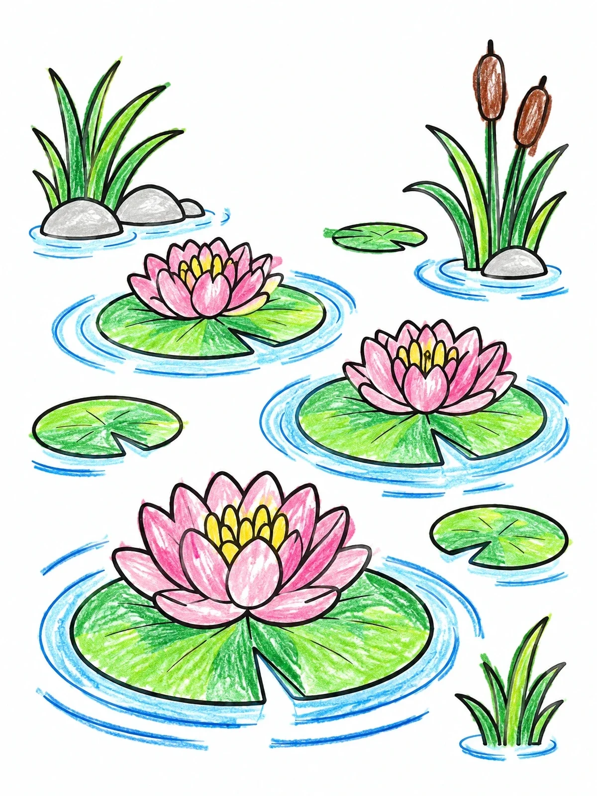 Colored example of the Water Lilies And Pond Reeds coloring page