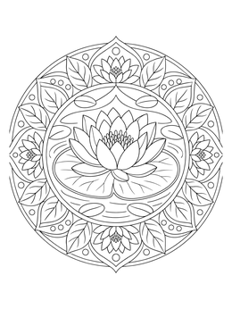 A blooming water lily pad coloring page framed inside a balanced circular mandala design.