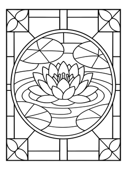 A serene lotus blossom floats on water in this stained glass coloring page with geometric borders.